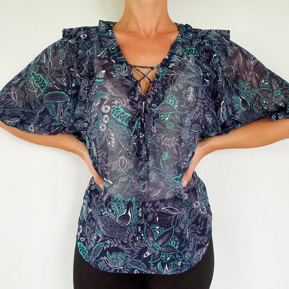 Anthropologie blue floral lace up neckline long sleeve sheer ruffle blouse XS